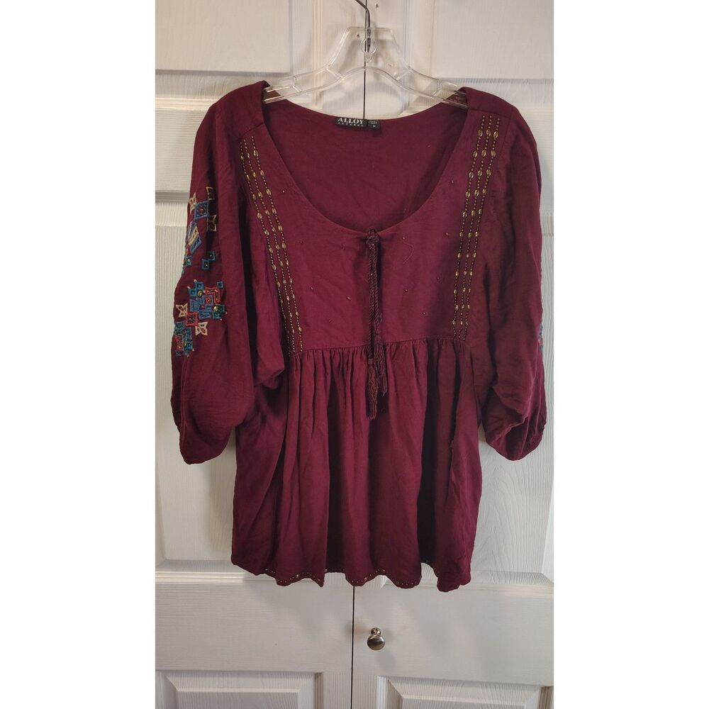 Alloy Apparel Boho Embroidered Peasant Blouse Burgundy Women's Size Medium
